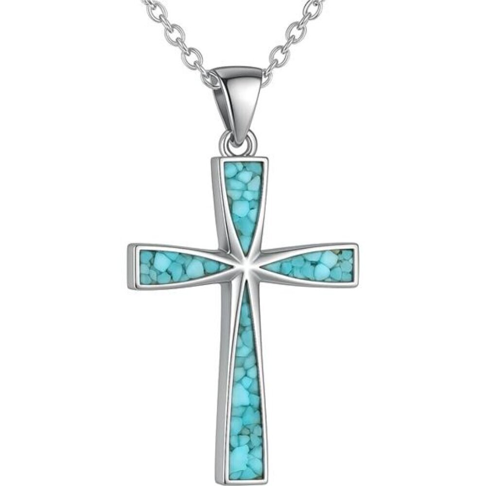 Turquoise Cross Necklace Stainless Steel Faith Pendant